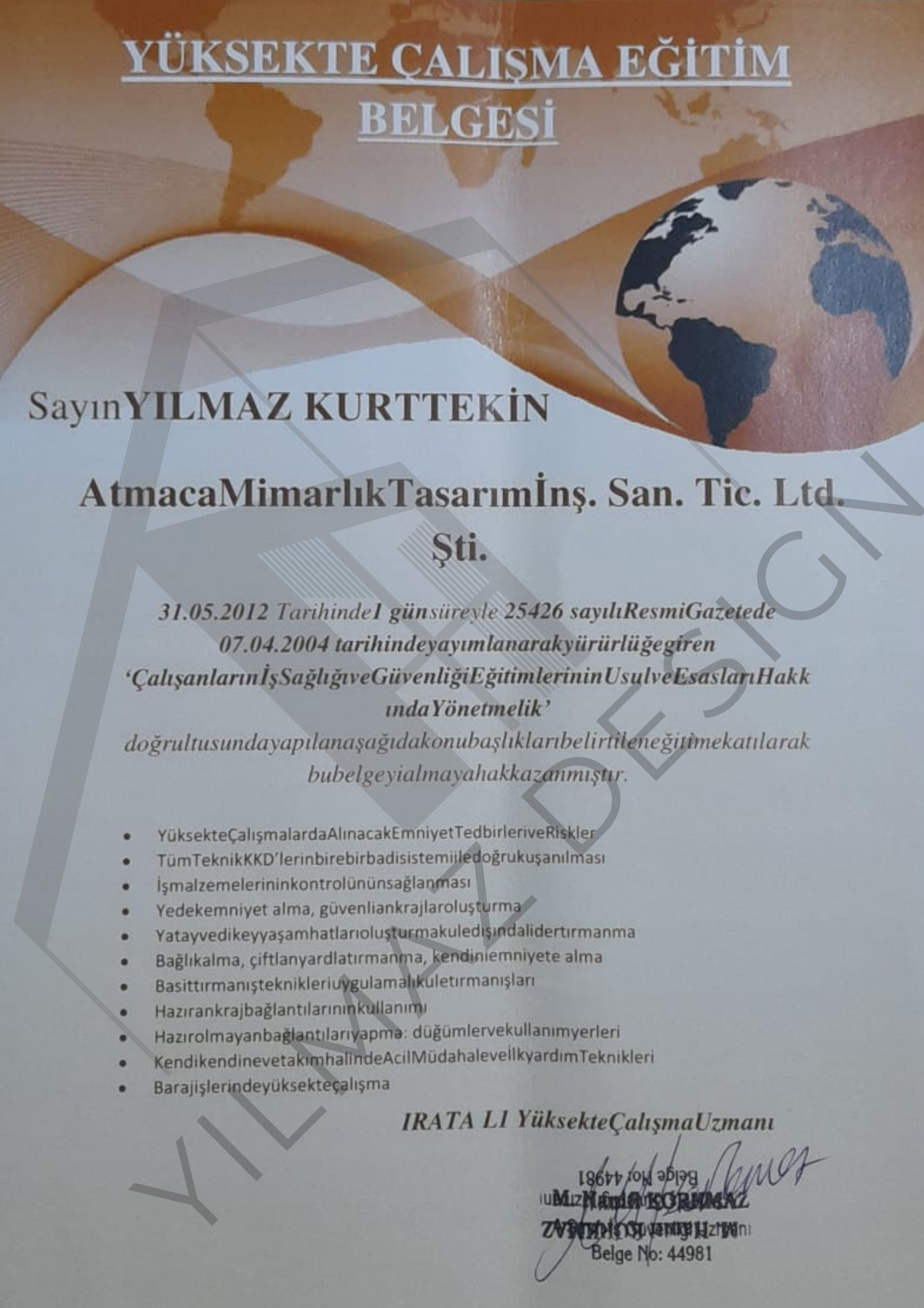 Yüksekte Çalışma Eğitim Belgesi